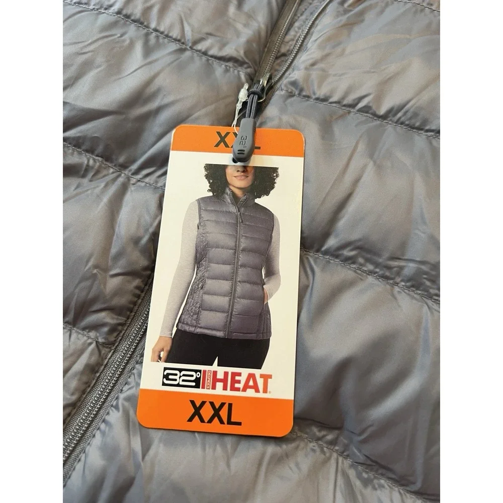32 Degrees Heat Womens Puffer Vest XXL Gray Full Zip Lightweight Packable